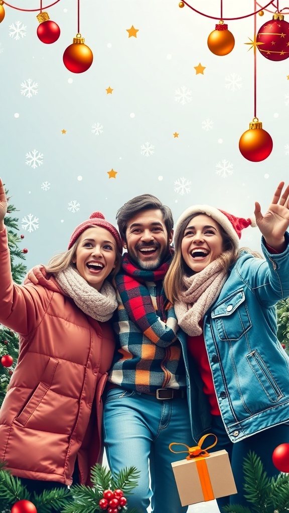 Christmas Wallpaper for Three People Christmas wallpaper design with three people celebrating, surrounded by festive decorations.